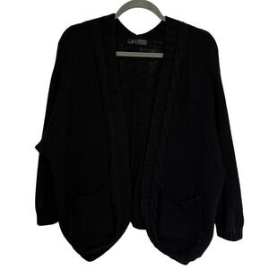 En Creme Womens Oversized L/XL Cable Knit Cardigan Sweater Black Open Front